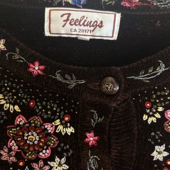 Vtg Brown Chenille Cardigan Sz L • Beaded Embroidery Sparkle Cottagecore‎ Granny - Picture 5 of 9